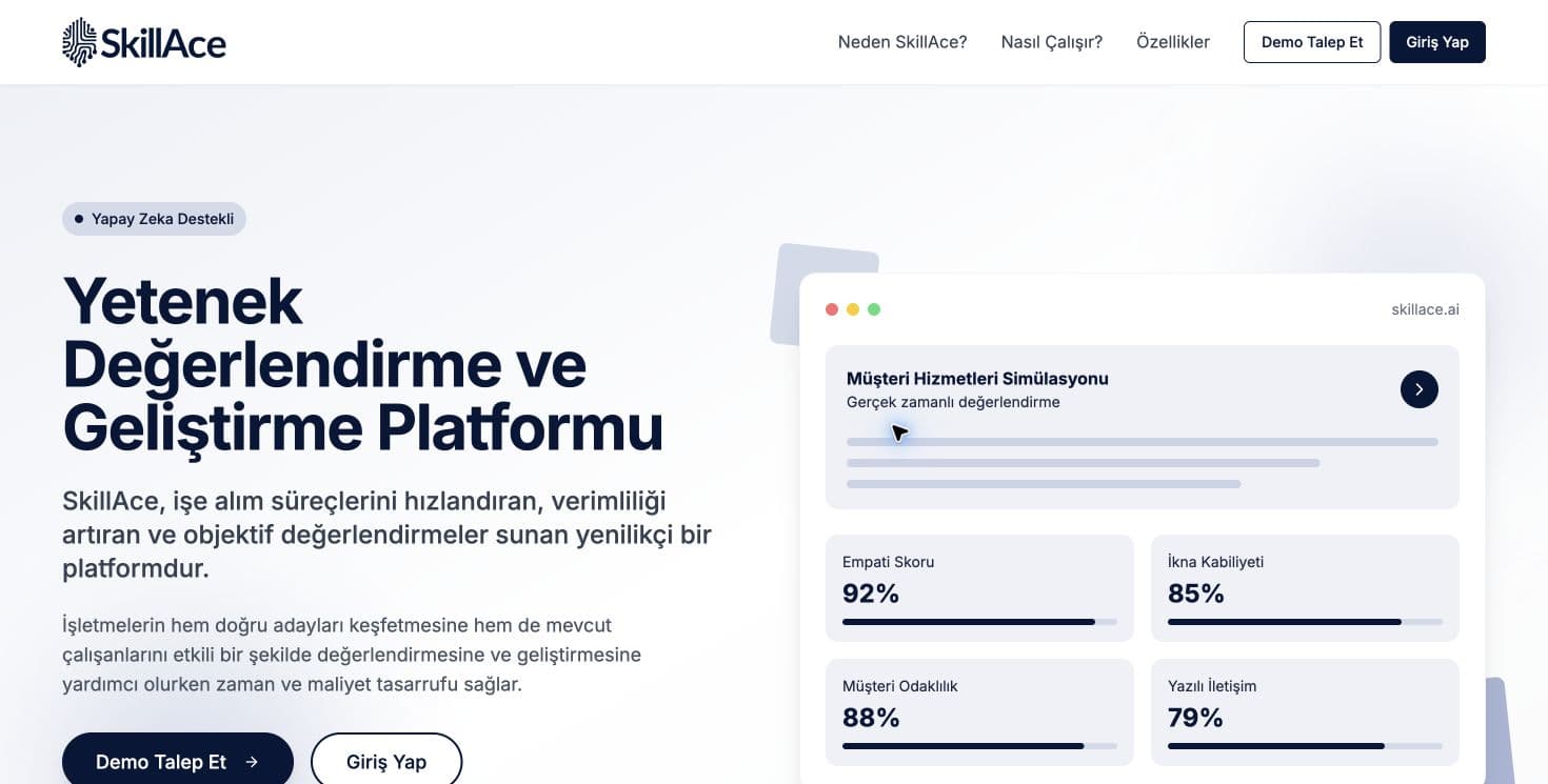 SkillAce ana sayfası: platform tanıtımı ve örnek yetenek değerlendirme arayüzü.