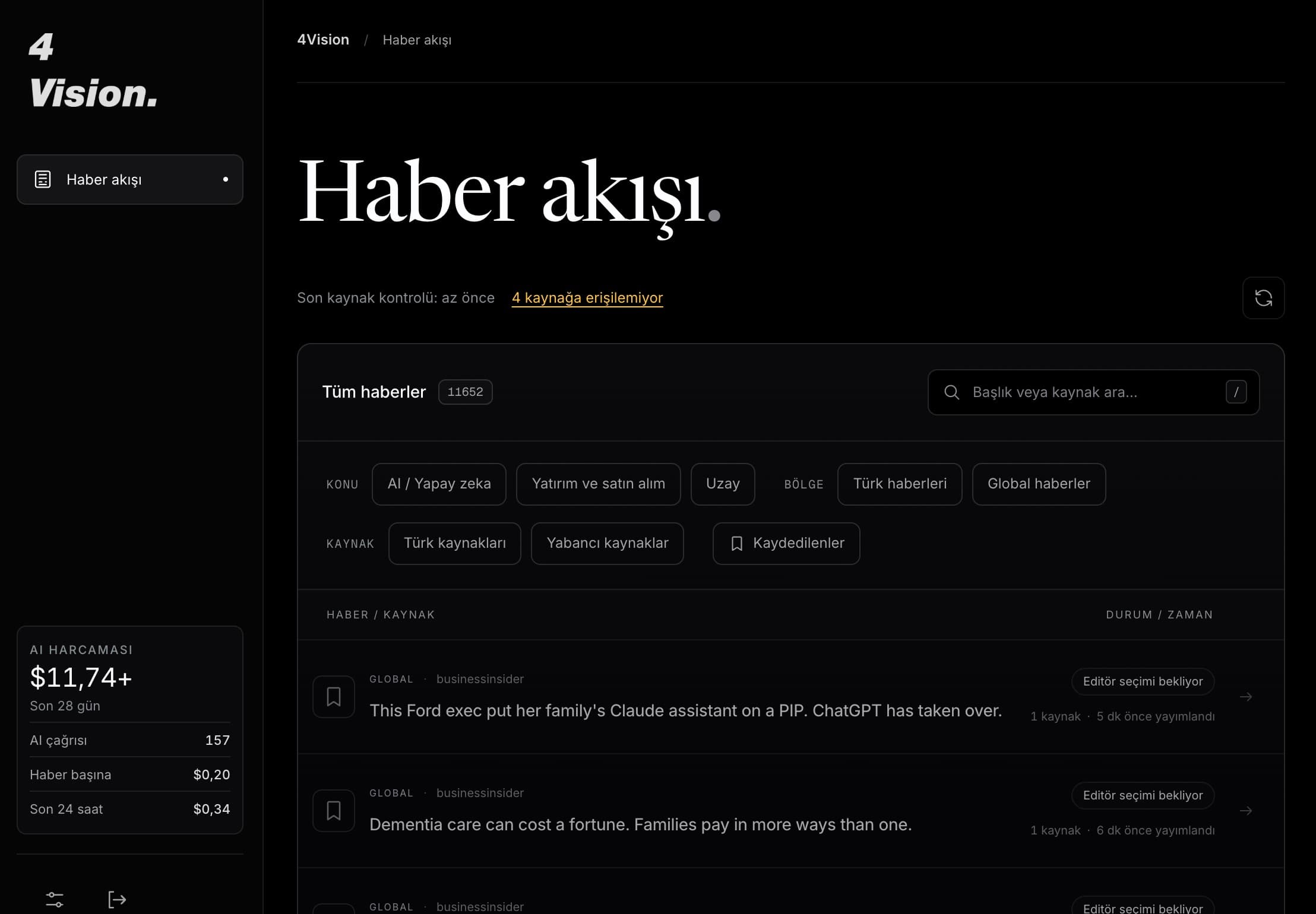 Admin4Vision haber masası: koyu zemin üzerinde haber akışı, kaynak filtreleri, arama alanı ve editör seçimleri.