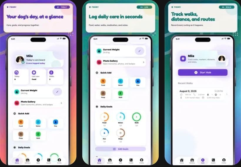 Fidory iOS uygulamasının App Store önizlemesinde günlük bakım, hızlı kayıt ve yürüyüş ekranları.