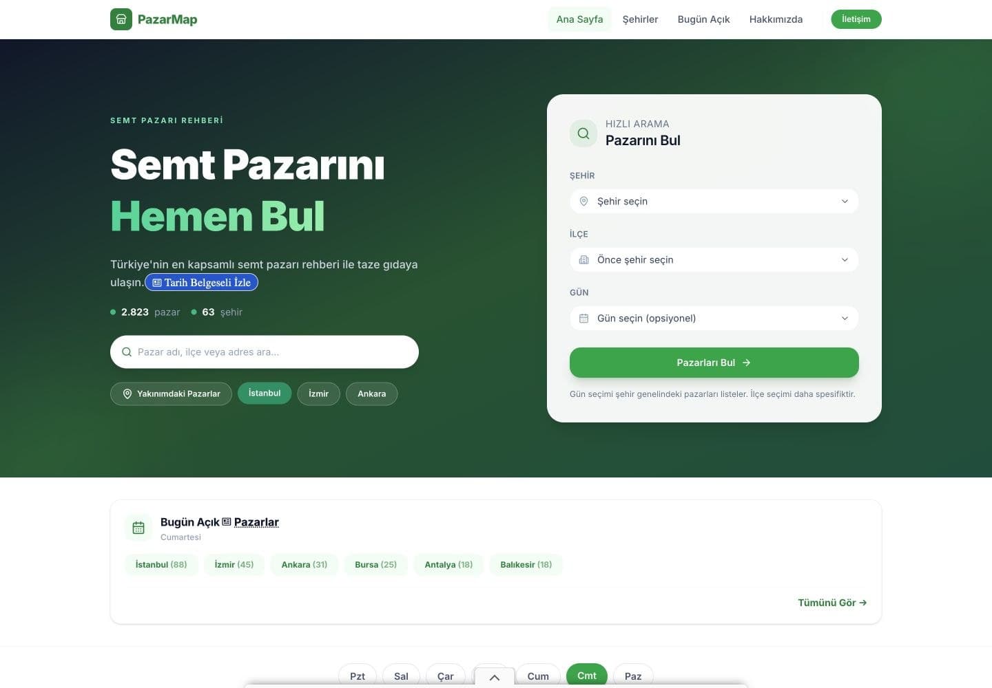 PazarMap ana sayfası: semt pazarı arama alanı, şehir, ilçe ve gün filtreleri.