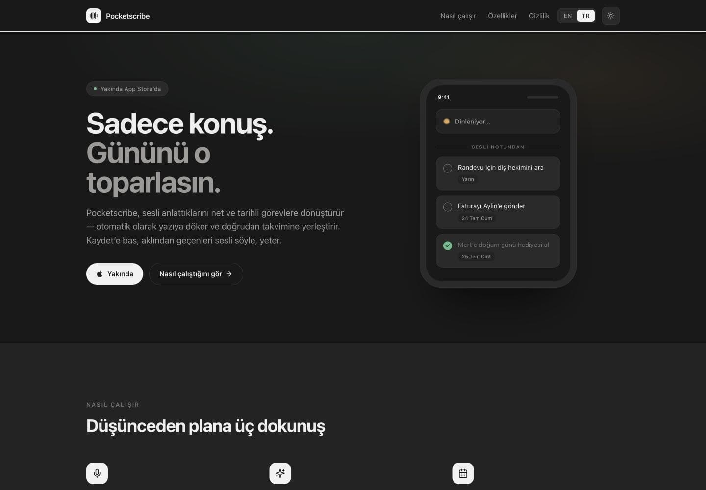 PocketScribe tanıtım sitesi: sesli planlama başlığı ve kayıttan oluşan görevleri gösteren telefon önizlemesi.