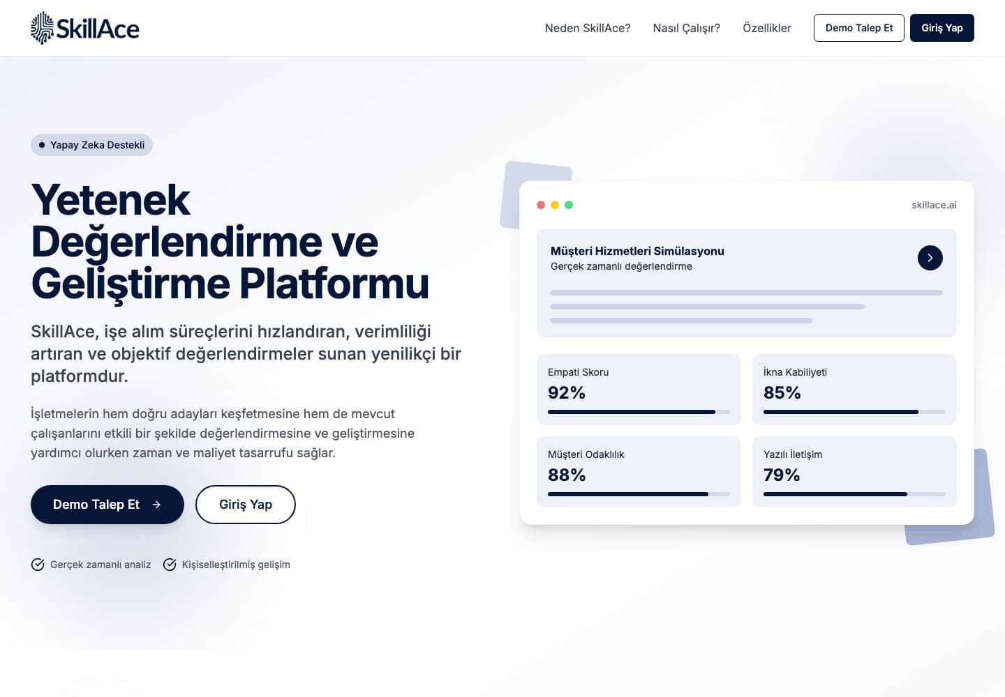SkillAce ana sayfası: platform tanıtımı ve örnek yetenek değerlendirme arayüzü.