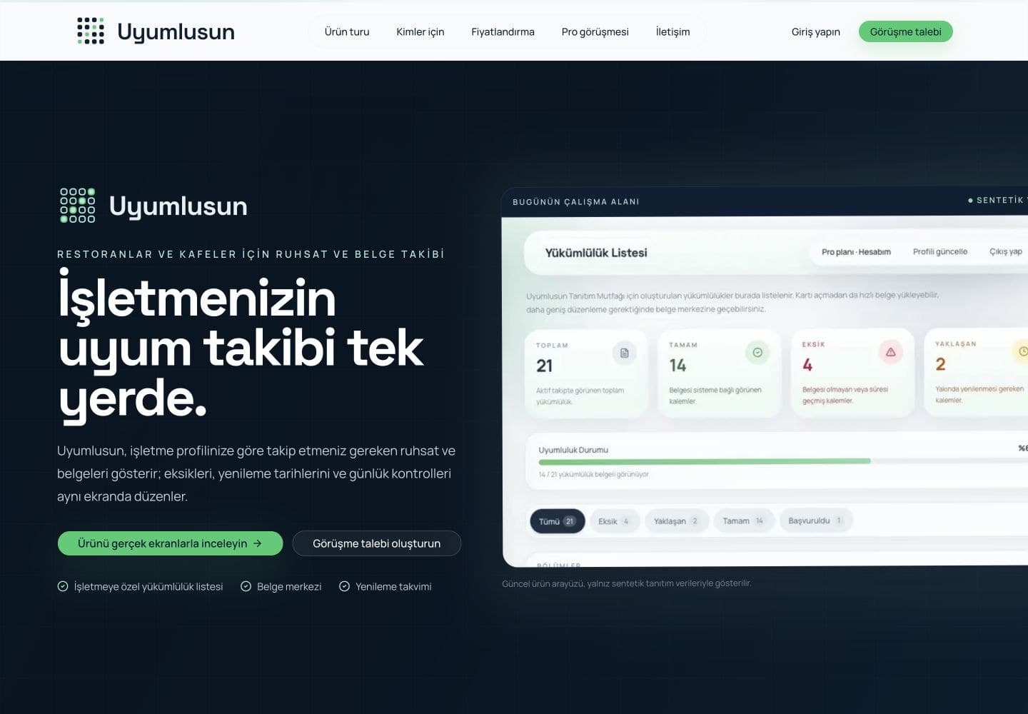 Uyumlusun ana sayfası: koyu zemin üzerinde uyum takibi başlığı ve yükümlülük listesinin ürün önizlemesi.
